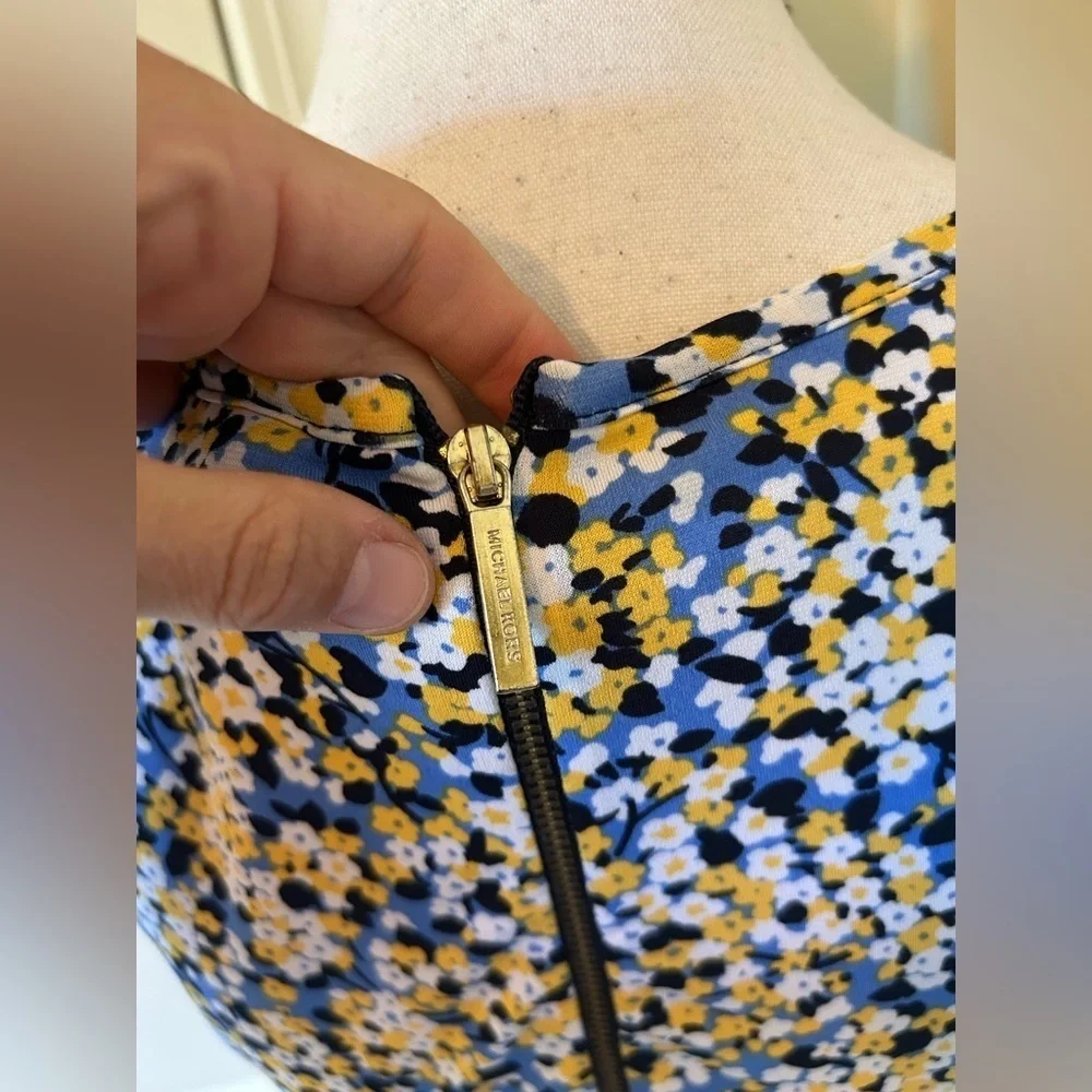 Michael Kors Floral Blue, yellow, gold short sleeve Midi Dress